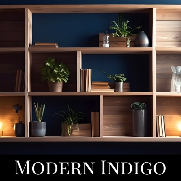 Indigo Background, Modern office, AI Art, Virtual Background, Zoom Background, Teams Background, Shelves, Aesthetically Pleasing, Interview