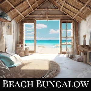 May include: A bedroom with a thatched roof and large windows overlooking a beach. The bed is made with white linens and a blue throw blanket. There is a wooden table with a vase of dried flowers and a mirror on the wall.