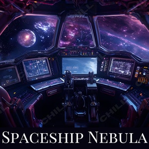 Puede incluir: Una cabina de mando de una nave espacial con vista a una nebulosa y un planeta en la distancia. La cabina es oscura y futurista, con una variedad de pantallas y controles.