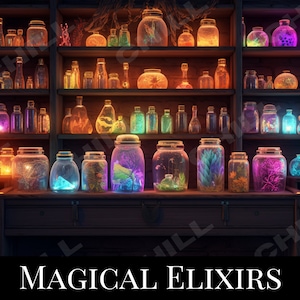 May include: A wooden shelf filled with glass jars containing colourful glowing liquids. The jars are arranged in rows and are lit from within, creating a magical and enchanting atmosphere. The text "MAGICAL ELIXIRS" is displayed below the shelf.