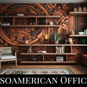 May include: A home office with a Mesoamerican-inspired design. The room features a large wall mural with intricate patterns and a wooden shelf unit with books and decorative objects. A comfortable chair sits in front of the shelf unit, and a small sofa with a patterned cushion is in the corner of the room. The text "Mesoamerican Office II" is displayed at the bottom of the image.