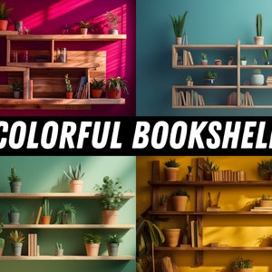 May include: Four different colored walls with wooden shelves displaying books and potted plants. The shelves are made of reclaimed wood and have a rustic look. The text "COLORFUL BOOKSHELF" is displayed in the center of the image.