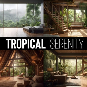 Könnte beinhalten: Vier verschiedene Innendesigns mit tropischem Thema. Jedes Zimmer hat große Fenster mit Blick auf üppiges Grün. Die Zimmer sind mit natürlichen Materialien wie Holz und Bambus eingerichtet. Der Text "TROPICAL SERENITY" wird in der Mitte des Bildes angezeigt.