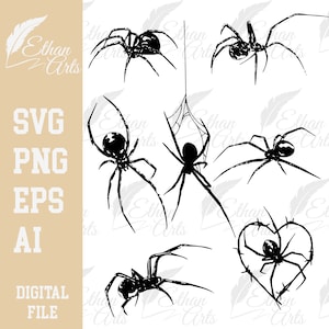 May include: A set of six black silhouette spider illustrations. The spiders are in various poses, including crawling, hanging from a web, and in a heart shape.