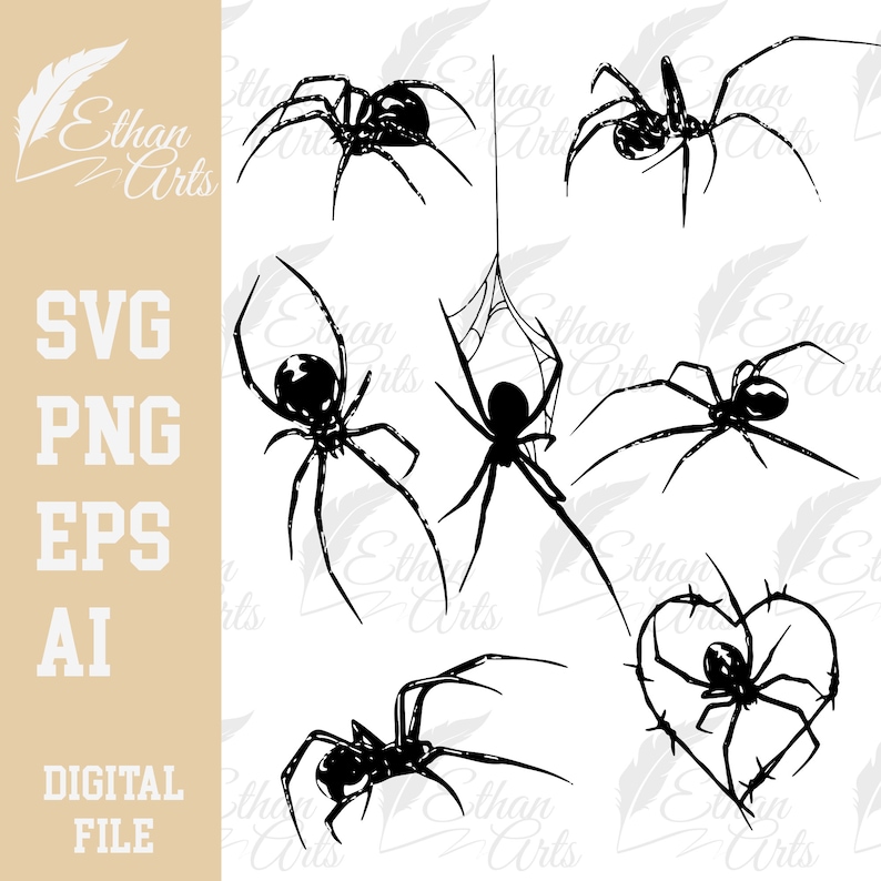 A set of six black silhouette spider illustrations. The spiders are in various poses, including crawling, hanging from a web, and in a heart shape. The illustrations are suitable for use in digital crafts, such as scrapbooking, card making, and web design.