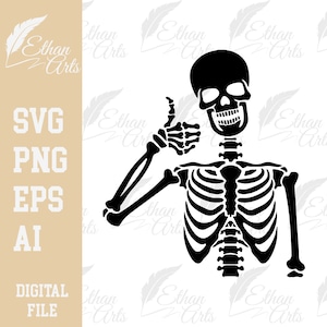 May include: A black and white silhouette of a skeleton giving a thumbs up. The skeleton is smiling with teeth showing.