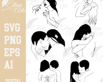 Disegni di pacchetti di amanti SVG PNG San Valentino Bacio Abbraccio Abbracci Download digitale / Clip art Vettore Png File digitali File di taglio Decalcomania