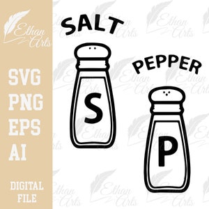 Puede incluir: Ilustración en blanco y negro de dos saleros y pimenteros. El salero tiene la palabra "SALT" encima y la letra "S" dentro. El pimentero tiene la palabra "PEPPER" encima y la letra "P" dentro.