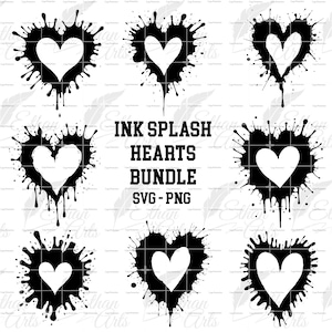 Pacote com 8 designs de respingos de tinta em formato de coração, clipart de aquarela, SVG, PNG | Cricut Clip Art, arquivo de corte, impressão, decalque vetorial