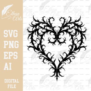 May include: A black, ornate heart-shaped design with intricate, swirling patterns. The image includes the text "SVG, PNG, EPS, AI, DIGITAL FILE" and the Ethan Arts logo.