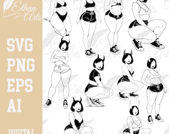 Conjunto de arte lineal de chicas góticas: Clipart vectorial (descarga digital)