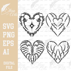 May include: Four black and white heart designs with a skeletal or thorny appearance. The image includes the text "SVG, PNG, EPS, AI, DIGITAL FILE" and the artist's name "Ethan Arts". The hearts are on a white background.