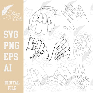 May include: Black and white line art illustrations of hands with various nail designs. The image includes text that reads "SVG, PNG, EPS, AI, DIGITAL FILE" and the artist's name "Ethan Arts".