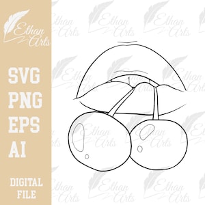 May include: A black and white line drawing of a pair of lips biting into a cherry stem with two cherries hanging below.