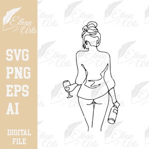 Design minimalista della donna del vino Elegante linea arte digitale Scarica SVG / File di taglio Clip art Vettore Cricut Ragazza del vino