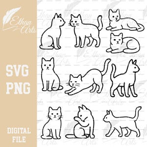 May include: A digital file featuring nine black and white cat illustrations in various poses. The image includes the text "SVG PNG DIGITAL FILE" and the Ethan Arts logo.