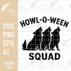 May include: Black and white digital design featuring three howling wolves with the text "Howl-O-Ween Squad". The design is suitable for various digital projects, including SVG, PNG, EPS, and AI files.