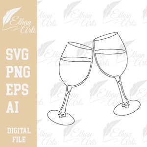 Weingläser Minimal Elegant Line Art Digitaler Download SVG | Cut Datei, Clip Art, Vektor, Cricut Wein Mädchen