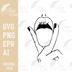 May include: Black and white line art illustration of a mouth with a tongue sticking out and a hand making a peace sign.