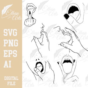 Peut inclure: Un ensemble de six dessins au trait noir et blanc de bouches et de mains. Les bouches sont ouvertes et les mains interagissent avec les bouches. Les dessins sont de style minimaliste.