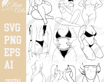 May include: A set of eight black and white line art illustrations of female figures in various poses. The illustrations are simple and stylized, with a focus on the female form.