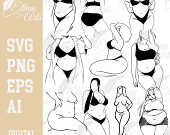 May include: A digital illustration set of eight different body types of women in various poses wearing lingerie and swimwear. The illustrations are in black and white.