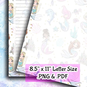 May include: Printable digital paper with a white background and a repeating pattern of mermaids, seashells, castles, and dolphins. The paper is 8.5 inches by 11 inches and is available in PNG and PDF formats.