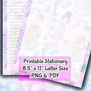 May include: Printable stationery featuring a mermaid and dolphin design. The paper is 8.5 inches by 11 inches, letter size, and available in PNG and PDF formats.