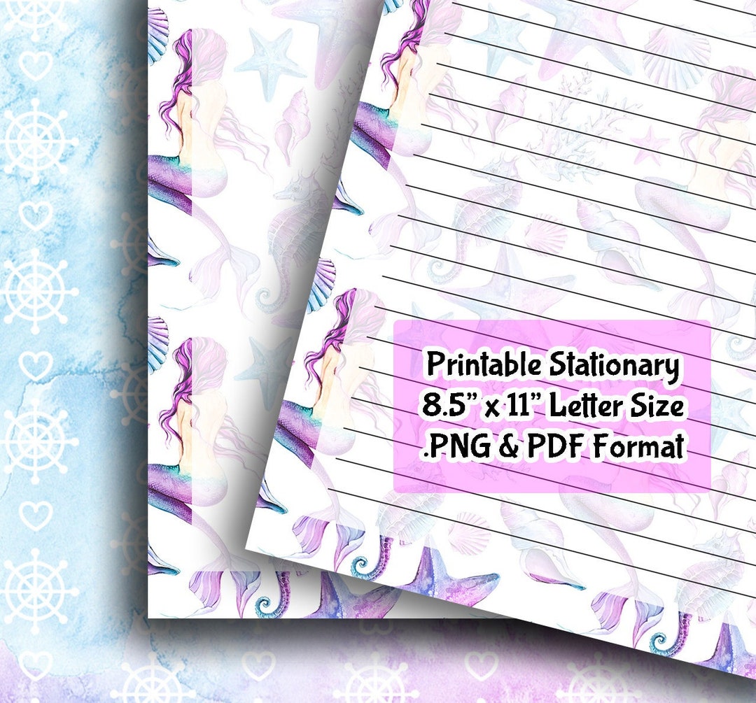 Watercolor MERMAID Purple Printable Stationary Paper Bundle Digital Download 8 Files PNG PDF 8.5 ...