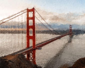 May include: An artistic rendering of the Golden Gate Bridge in San Francisco. The iconic red bridge spans across a body of water, with a muted sky and distant hills in the background. The image has a textured, painted appearance.