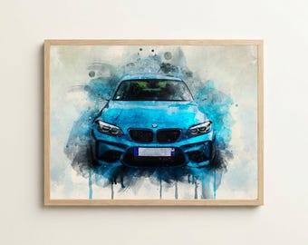 May include: A framed watercolor print of a bright blue sports car. The car is depicted head-on, with a splash of blue and gray watercolor effects surrounding it. The artwork is set in a light-colored wooden frame.