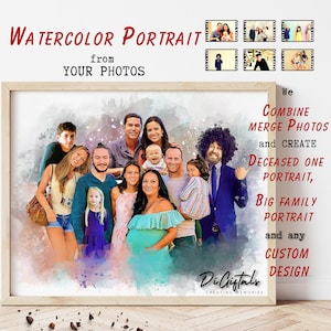 Combine Merge Photos, Custom Big Family Watercolor Portrait, Birthday Gift for Large Family, Add Deceased Person to Family Photo Bereavement