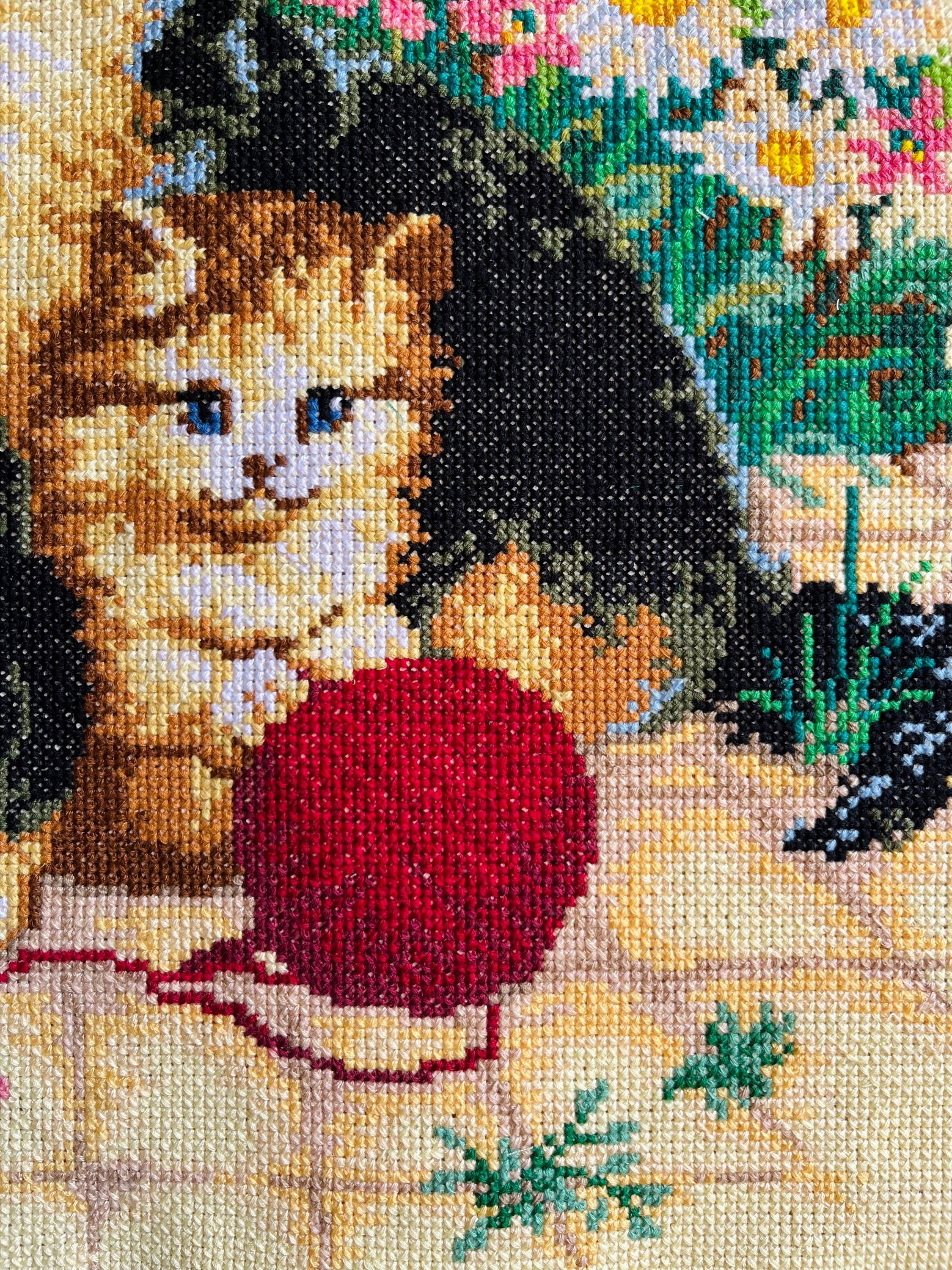 手作りクロスステッチ刺繍 - 猫と子猫と花 - ニードルポイントウォール