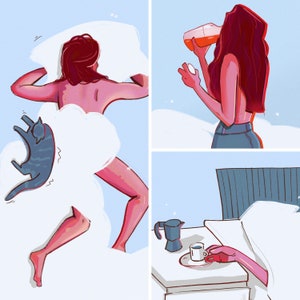 Conjunto de 3 gravuras artísticas "rotina matinal" - conjunto feminista - impressão de arte queer - arte de parede feminista - conjunto de cartão postal feminista, A6, A5