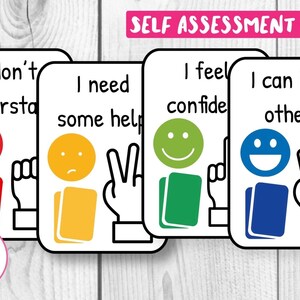 May include: Four self-assessment cards with different coloured backgrounds and smiley faces. The cards have the following text: "I don't understand", "I need some help", "I feel confident", and "I can help others".