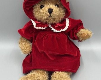Vintage Alexander Teddy Bear In Red Velvet Dress Matching Hat Fine Toy Co. 14”