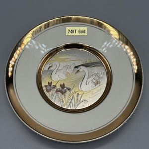 Vintage The Art of Chokin Swans & Flowers 24K Gold Edged Plate 6&quot; Diameter READ DETAILS