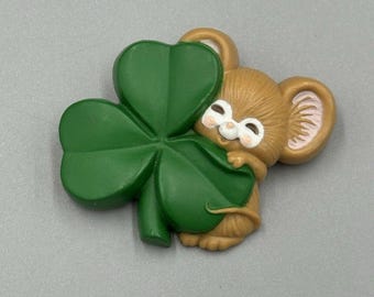 Vintage Hallmark St Patrick MOUSE with SHAMROCK Irish Lapel Pin Brooch