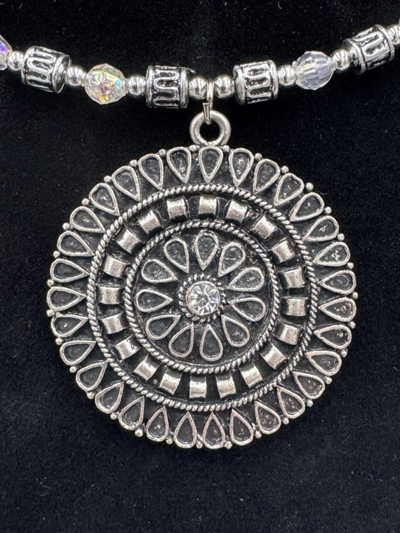 Silver Colored Statement Necklace W/ Circular Man… - image 2
