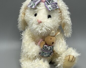 Vintage Commonwealth Bunny Rabbit W/ Tapestry Bow & Baby 10” Stuffed Animal