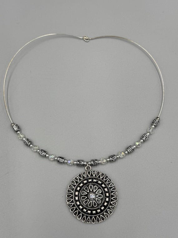 Silver Colored Statement Necklace W/ Circular Man… - image 3