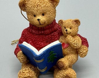 2001 Kohls Cares Resin Bear Reading a Book Christmas Hanging Ornament 3”