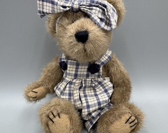 Boyds Bears BROOKE B. BEARSLEY Teddy Bear Plush Plaid Overalls & Bow 9” Vintage
