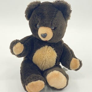 Vintage 14 Inch Brown Teddy Bear Red Mouth Made in Korea Stuffed Animal Toy