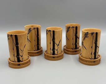 Bamboo Cups Set of 5 Bamboo Design Made in Japan Tiki Barware Decor W/ Coasters