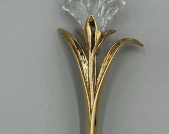 Vintage Clear & Gold Colored Lily Tulip Flower Floral Brooch Lapel Pin