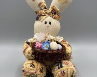 VTG 1999 Anco Cloth Bunny Rabbit Plush 7” Stuffed Animal Basket W/ Easter Eggs