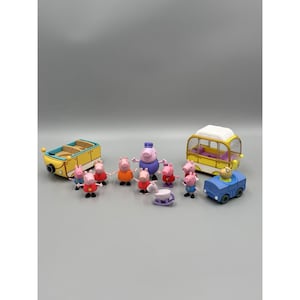 May include: A collection of Peppa Pig plastic toy figures including various characters in colourful outfits, a yellow open-top vehicle, a yellow and white bus with a roof, a small blue car, and a purple rocking horse toy arranged on a flat surface.