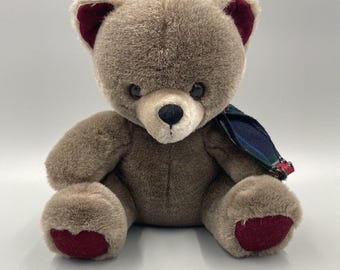 Vintage 1985 Applause Teddy BEAR w/ Plaid Scarf Red Corduroy Ears