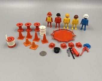 Vintage 1974 Playmobil Geobra Police & Fire Fighters Firemen Lot W/ Accessories